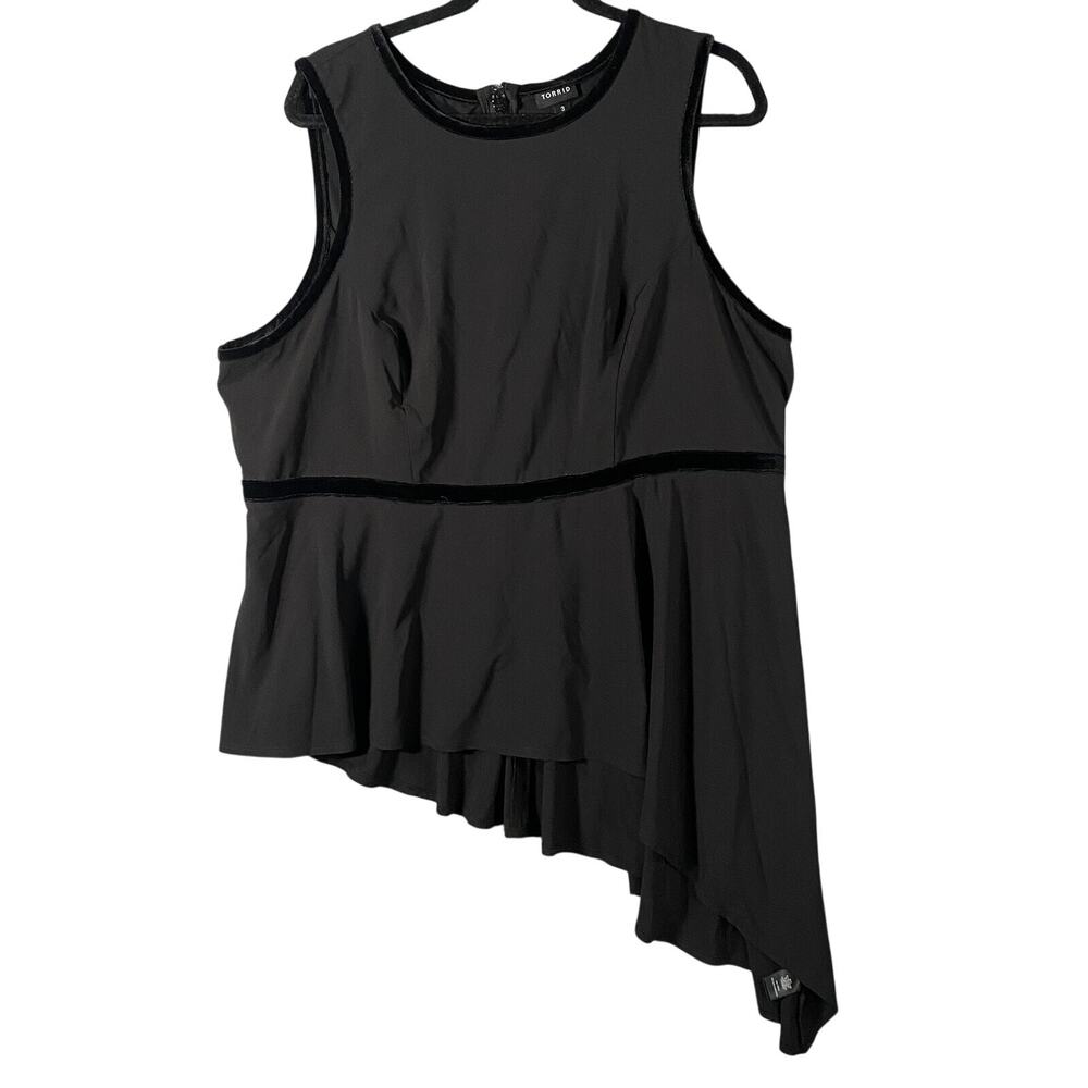 Torrid Asymmetrical Black Crepe Velvet Trim Peplum Top Shirt Womans 3x